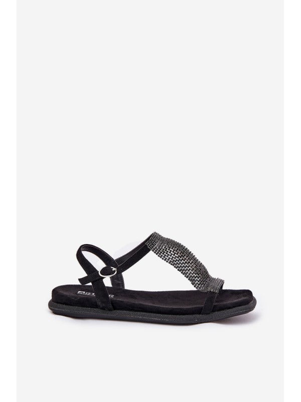 Flat Elegant Women's Sandals With Crystals Artiker 56C1370 Black