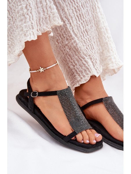 Flat Elegant Women's Sandals With Crystals Artiker 56C1370 Black