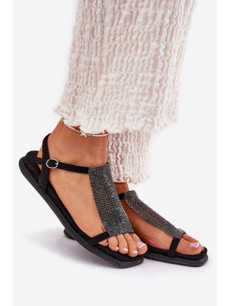 Flat Elegant Women's Sandals With Crystals Artiker 56C1370 Black