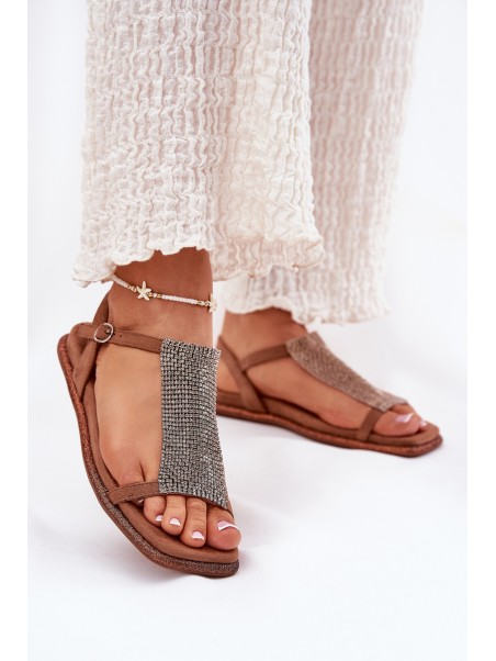 Flat Elegant Women's Sandals With Crystals Artiker 56C1365 Brown