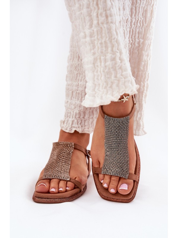 Flat Elegant Women's Sandals With Crystals Artiker 56C1365 Brown