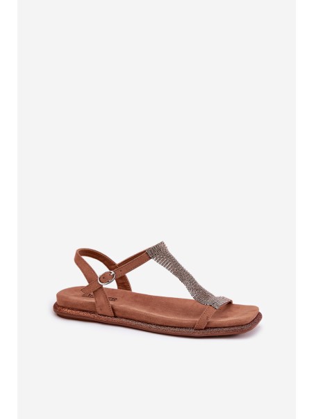 Flat Elegant Women's Sandals With Crystals Artiker 56C1365 Brown