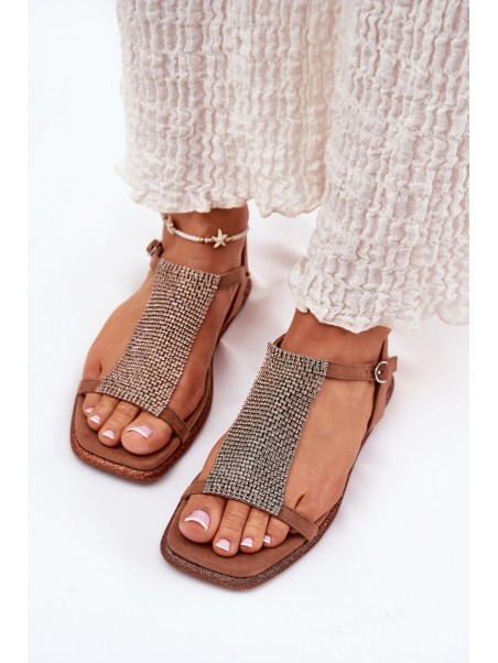 Flat Elegant Women's Sandals With Crystals Artiker 56C1365 Brown