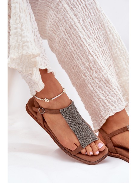 Flat Elegant Women's Sandals With Crystals Artiker 56C1365 Brown