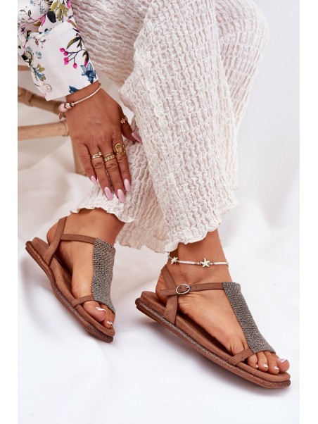 Flat Elegant Women's Sandals With Crystals Artiker 56C1365 Brown