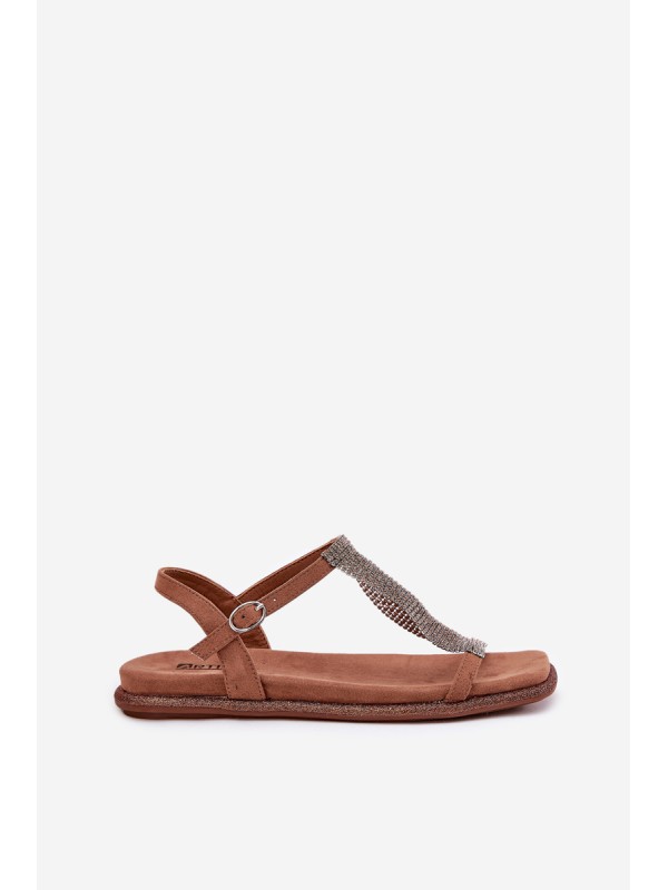 Flat Elegant Women's Sandals With Crystals Artiker 56C1365 Brown