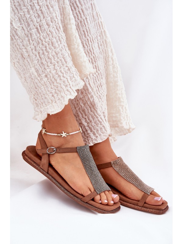 Flat Elegant Women's Sandals With Crystals Artiker 56C1365 Brown