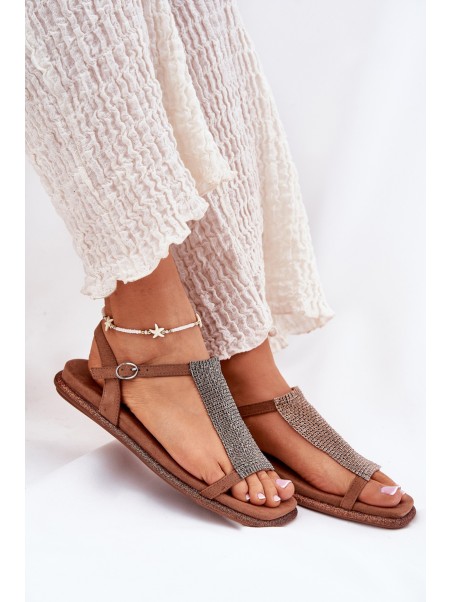 Flat Elegant Women's Sandals With Crystals Artiker 56C1365 Brown