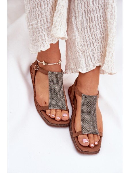 Flat Elegant Women's Sandals With Crystals Artiker 56C1365 Brown