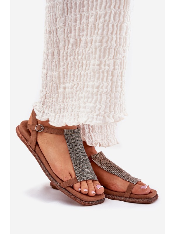 Flat Elegant Women's Sandals With Crystals Artiker 56C1365 Brown