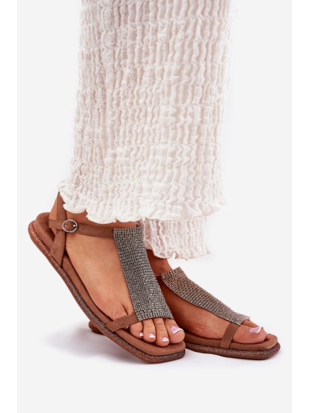 Flat Elegant Women's Sandals With Crystals Artiker 56C1365 Brown