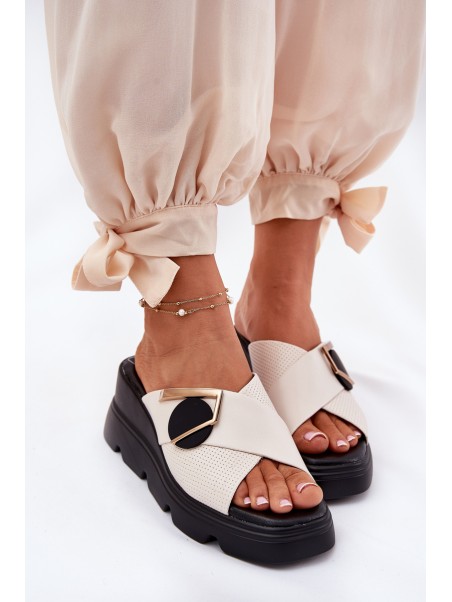 Elegant Ladies Leather Slippers On Wedge With Decoration Beige Artiker 56C1585