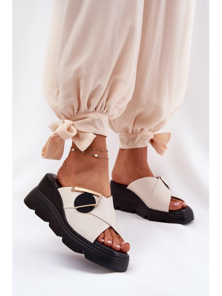 Elegant Ladies Leather Slippers On Wedge With Decoration Beige Artiker 56C1585