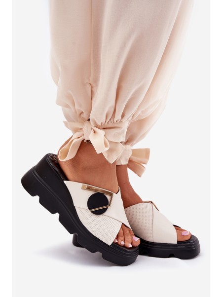 Elegant Ladies Leather Slippers On Wedge With Decoration Beige Artiker 56C1585