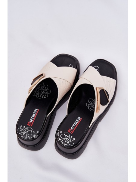 Elegant Ladies Leather Slippers On Wedge With Decoration Beige Artiker 56C1585