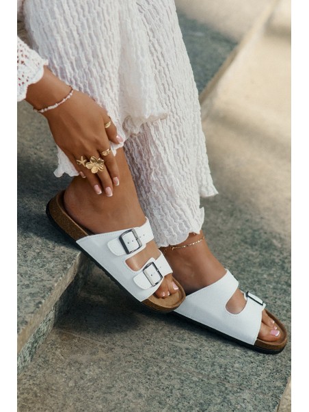Women's Slides On Cork Platform With Buckles White Redore