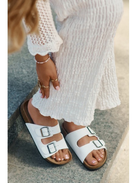 Women's Slides On Cork Platform With Buckles White Redore