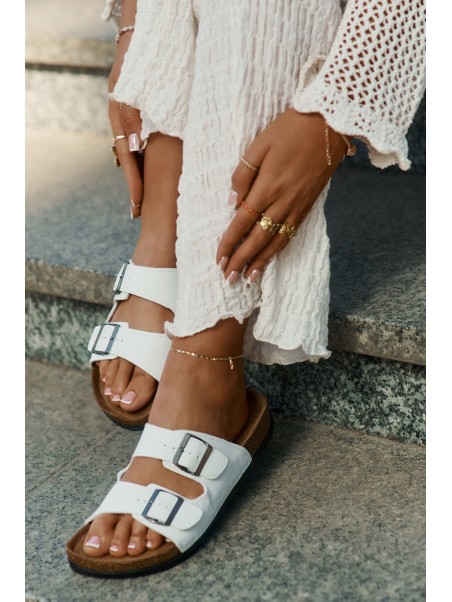 Women's Slides On Cork Platform With Buckles White Redore