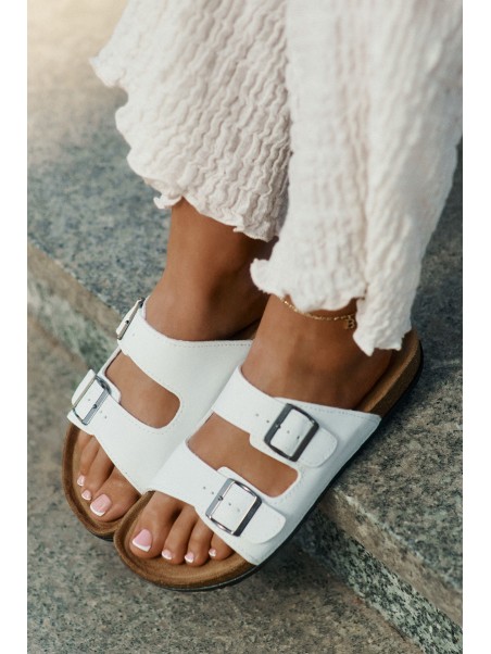 Women's Slides On Cork Platform With Buckles White Redore