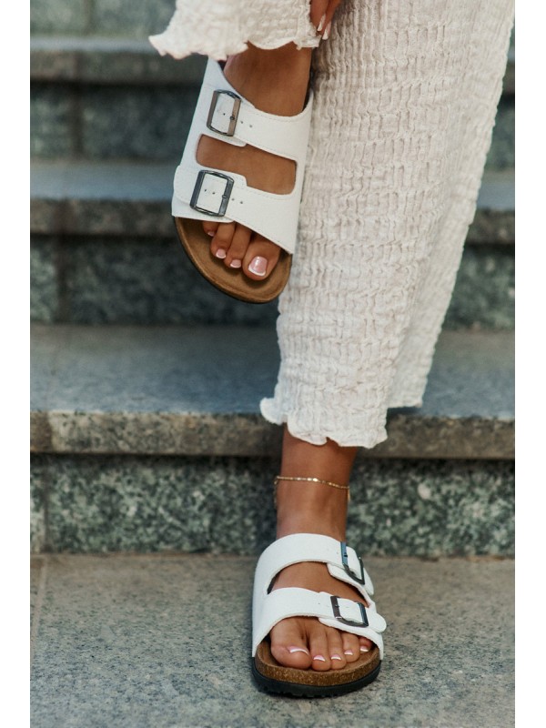 Women's Slides On Cork Platform With Buckles White Redore