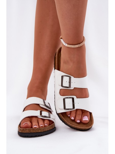 Women's Slides On Cork Platform With Buckles White Redore