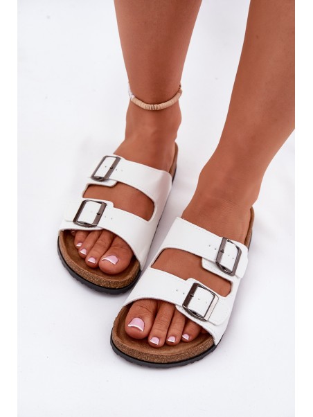 Women's Slides On Cork Platform With Buckles White Redore