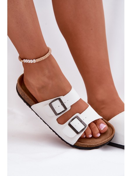 Women's Slides On Cork Platform With Buckles White Redore