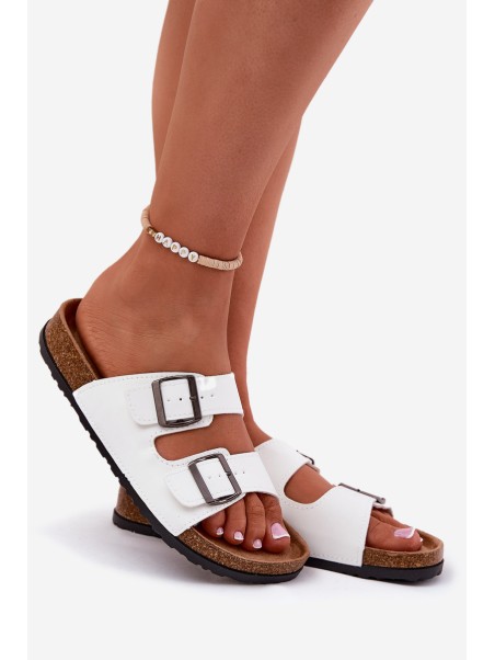 Women's Slides On Cork Platform With Buckles White Redore