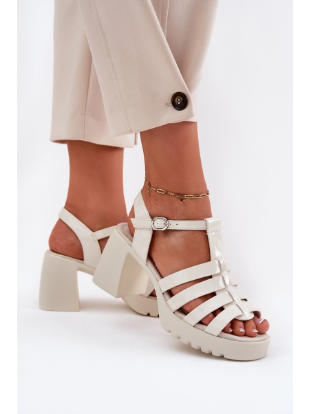 Lacquered Leather Women's Sandals On A Heel Light Beige Vinceza 66621