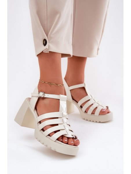 Lacquered Leather Women's Sandals On A Heel Light Beige Vinceza 66621