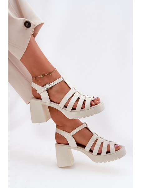 Lacquered Leather Women's Sandals On A Heel Light Beige Vinceza 66621