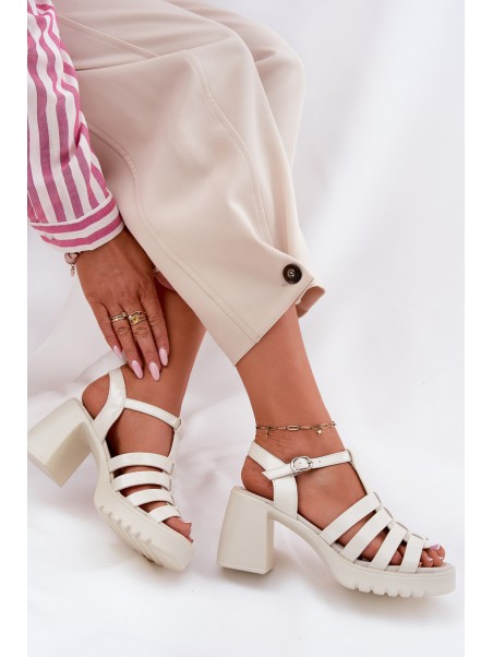 Lacquered Leather Women's Sandals On A Heel Light Beige Vinceza 66621