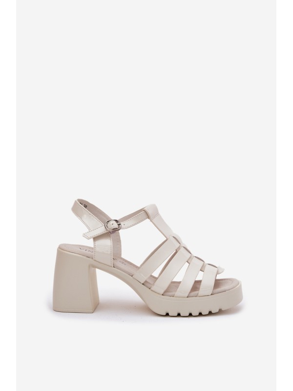 Lacquered Leather Women's Sandals On A Heel Light Beige Vinceza 66621