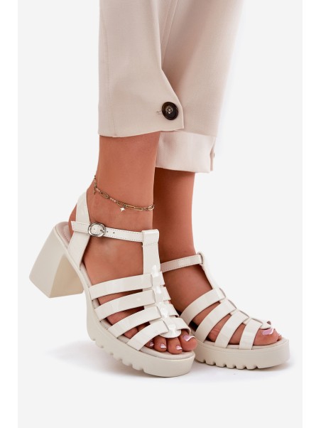 Lacquered Leather Women's Sandals On A Heel Light Beige Vinceza 66621