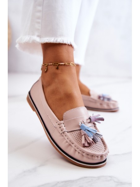 Women's Leather Loafers With Fringes Pink Laressa