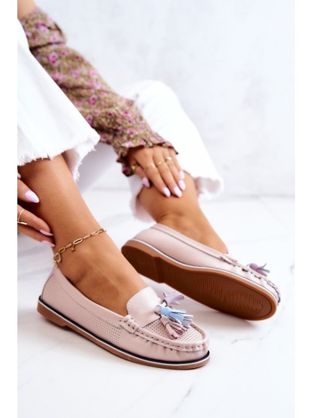 Women's Leather Loafers With Fringes Pink Laressa