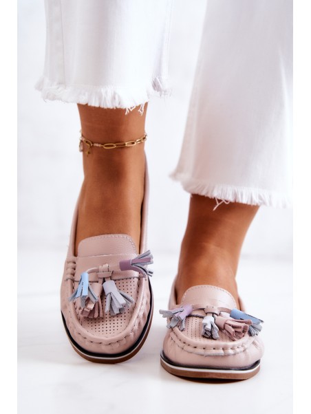 Women's Leather Loafers With Fringes Pink Laressa