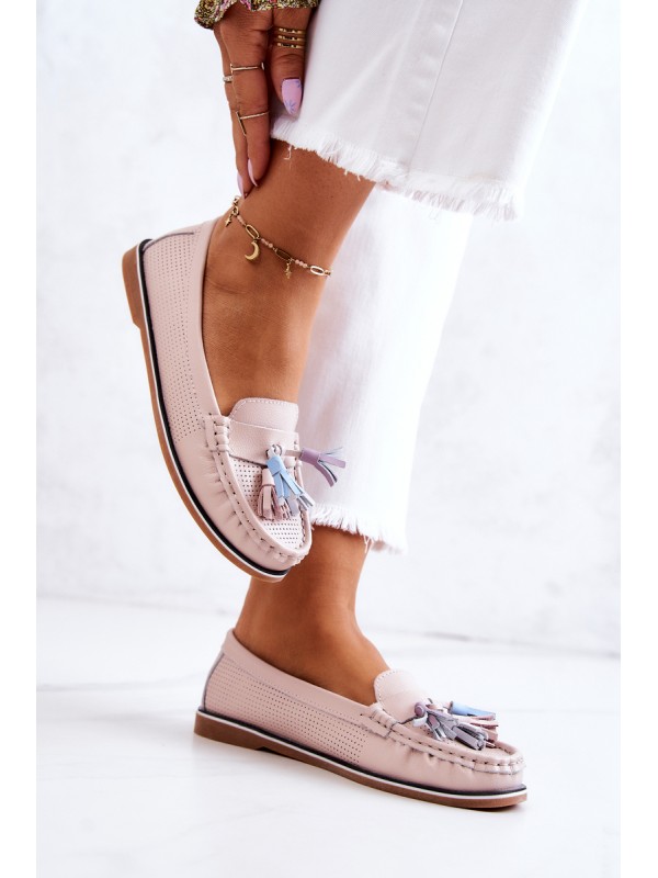 Women's Leather Loafers With Fringes Pink Laressa