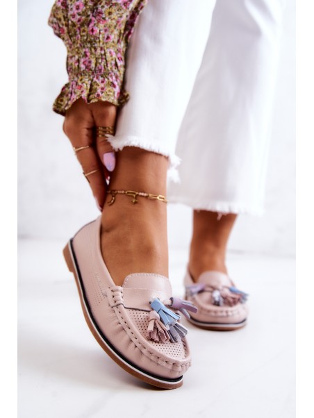 Women's Leather Loafers With Fringes Pink Laressa