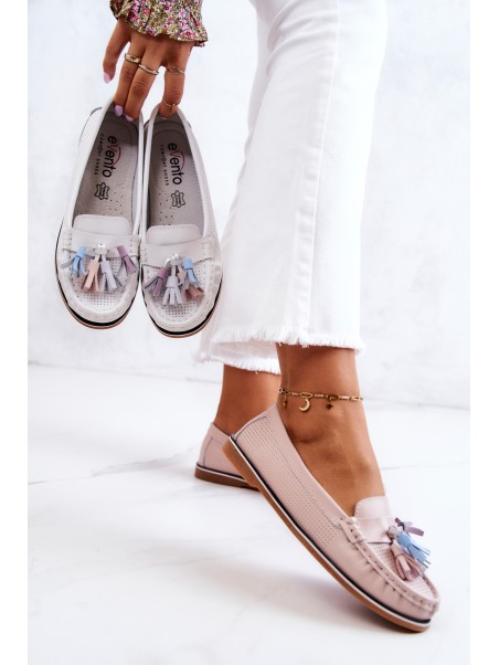 Women's Leather Loafers With Fringes Pink Laressa