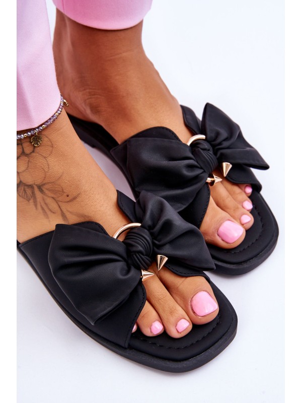 Women's Leather Slippers With Bow Black Becky