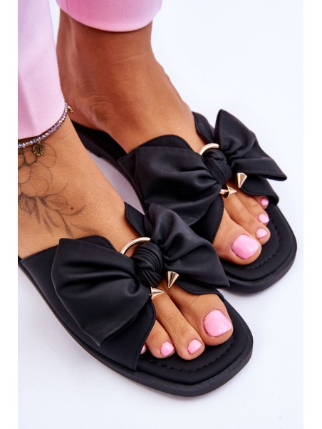 Women's Leather Slippers With Bow Black Becky