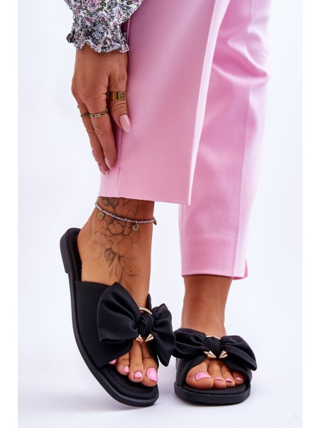 Women's Leather Slippers With Bow Black Becky