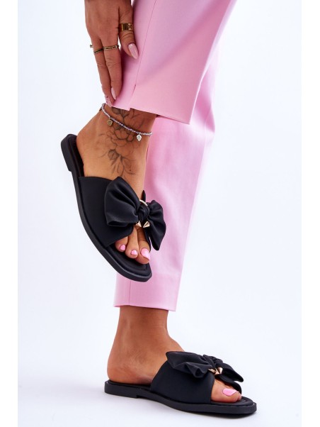 Women's Leather Slippers With Bow Black Becky