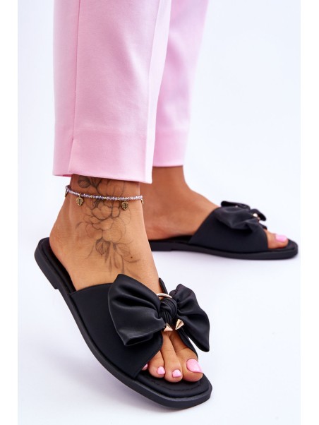 Women's Leather Slippers With Bow Black Becky