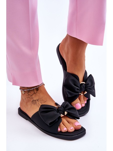 Women's Leather Slippers With Bow Black Becky