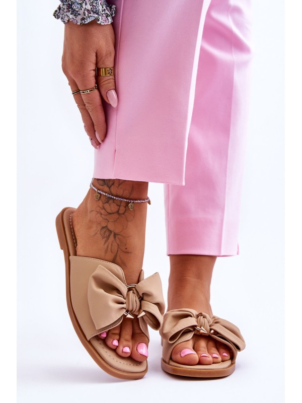 Women's Leather Slippers With Bow Beige Becky