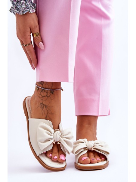 Women's Leather Slippers With Bow White Becky