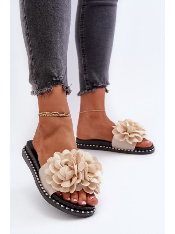 Women's Beige Flower Embellished Slippers Cellanen