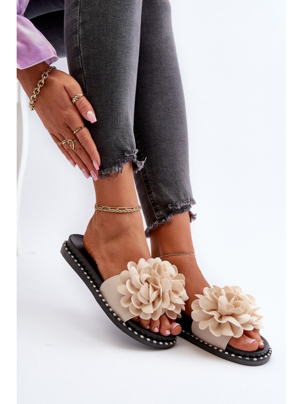 Women's Beige Flower Embellished Slippers Cellanen 2